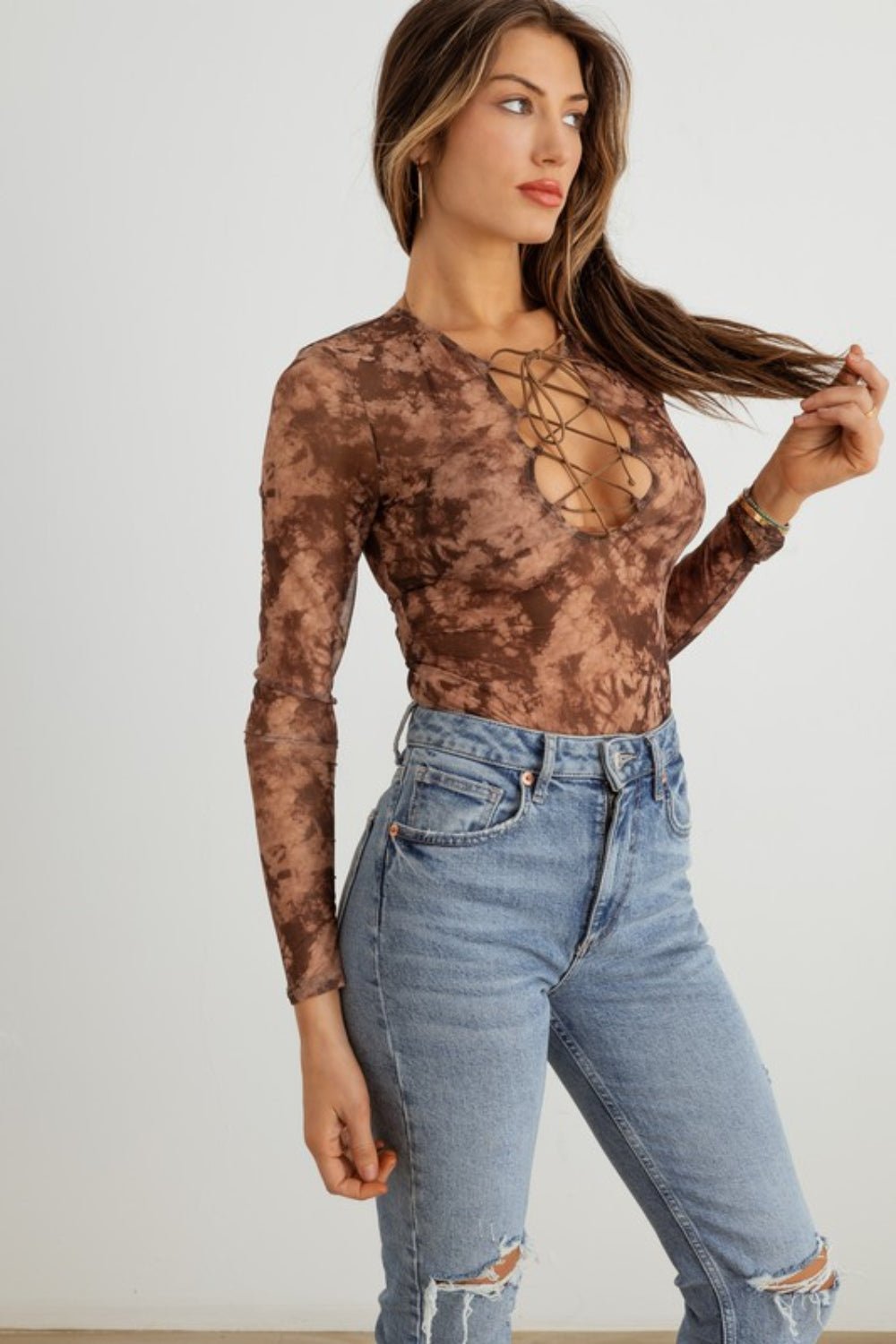 HERA COLLECTION Abstract Mesh Lace - Up Long Sleeve Bodysuit - Bodysuit - Mocha Taupe - Bella Bourget