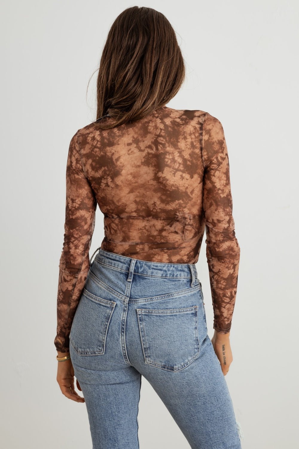 HERA COLLECTION Abstract Mesh Lace - Up Long Sleeve Bodysuit - Bodysuit - Mocha Taupe - Bella Bourget