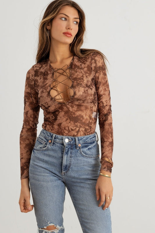 HERA COLLECTION Abstract Mesh Lace - Up Long Sleeve Bodysuit - Bodysuit - Mocha Taupe - Bella Bourget