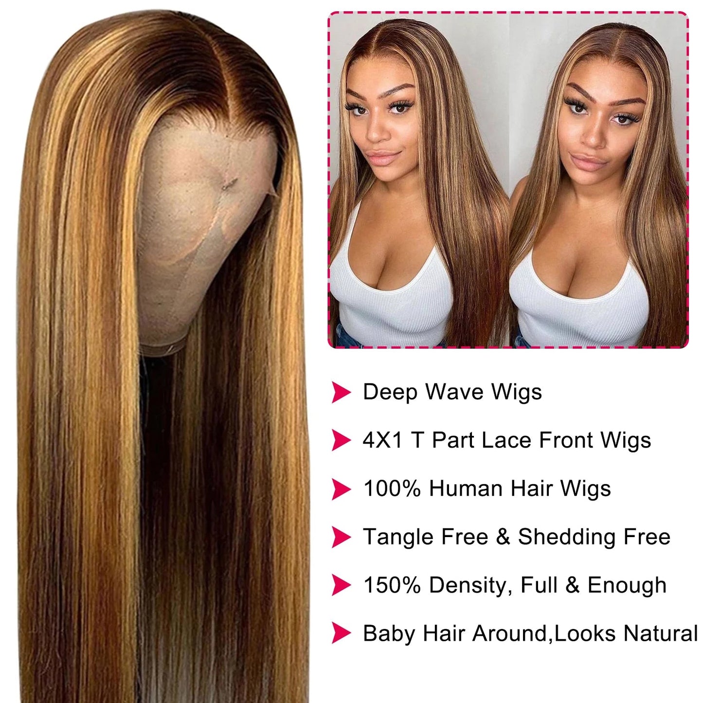 Highlight Ombre Straight Lace Front Wigs Human Hair for Women T Part 13X1 Glueless HD Transparent Lace Frontal Human Hair Wigs Pre Plucked 150 Density Colored P427 16Inch - 16" - Bella Bourget