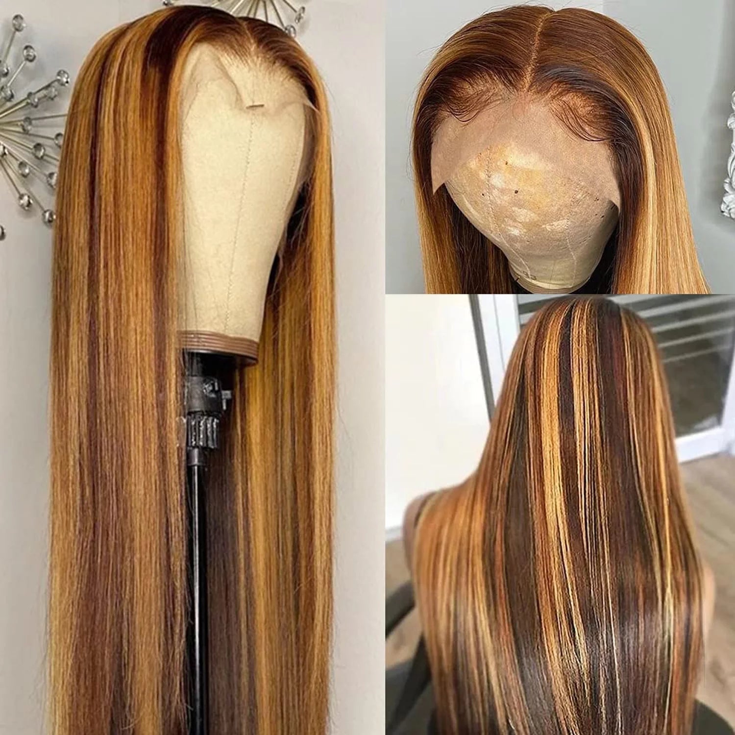 Highlight Ombre Straight Lace Front Wigs Human Hair for Women T Part 13X1 Glueless HD Transparent Lace Frontal Human Hair Wigs Pre Plucked 150 Density Colored P427 16Inch - 16" - Bella Bourget