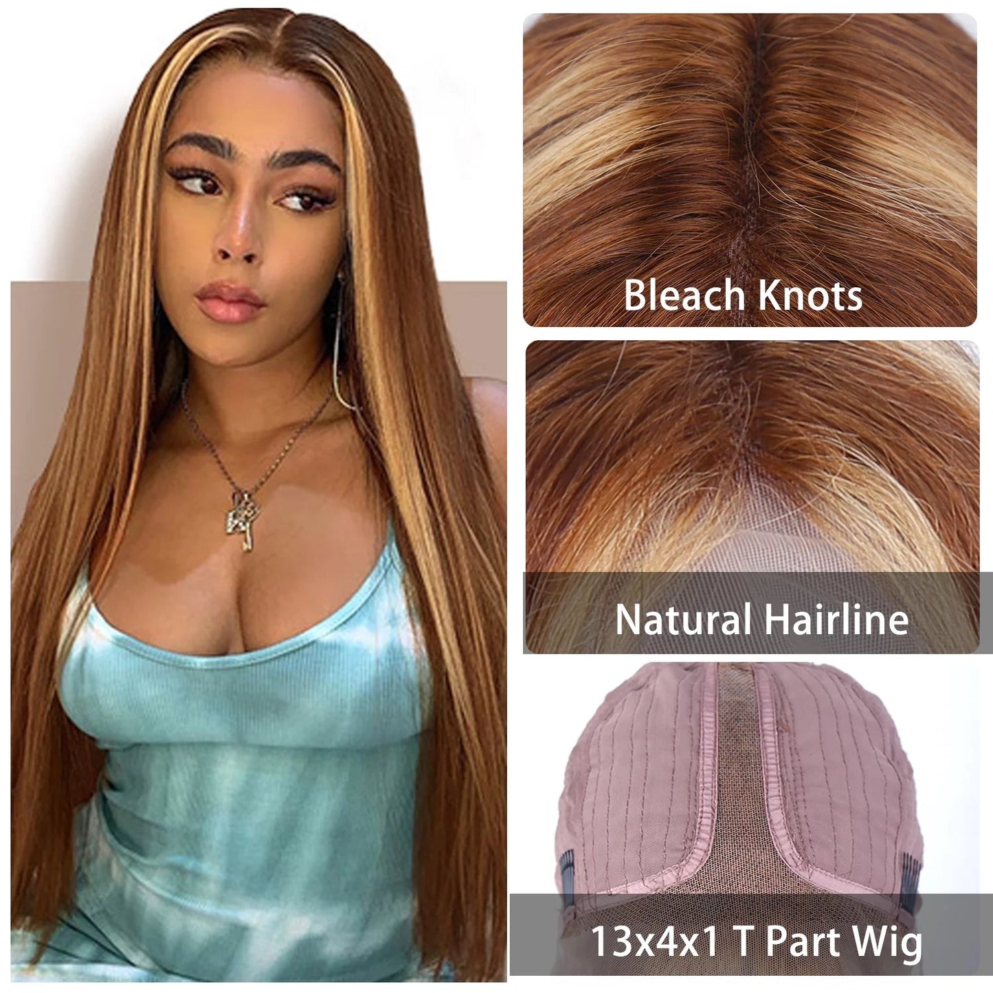 Highlight Ombre Straight Lace Front Wigs Human Hair for Women T Part 13X1 Glueless HD Transparent Lace Frontal Human Hair Wigs Pre Plucked 150 Density Colored P427 16Inch - 16" - Bella Bourget