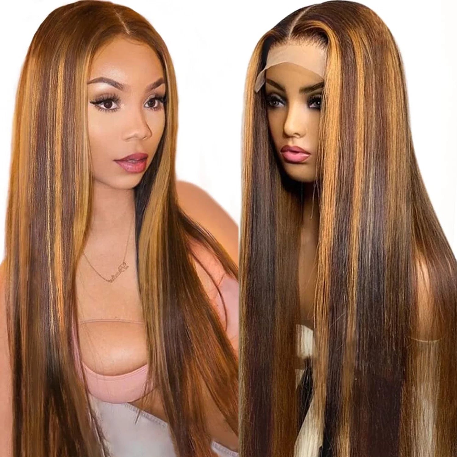 Highlight Ombre Straight Lace Front Wigs Human Hair for Women T Part 13X1 Glueless HD Transparent Lace Frontal Human Hair Wigs Pre Plucked 150 Density Colored P427 16Inch - 16" - Bella Bourget