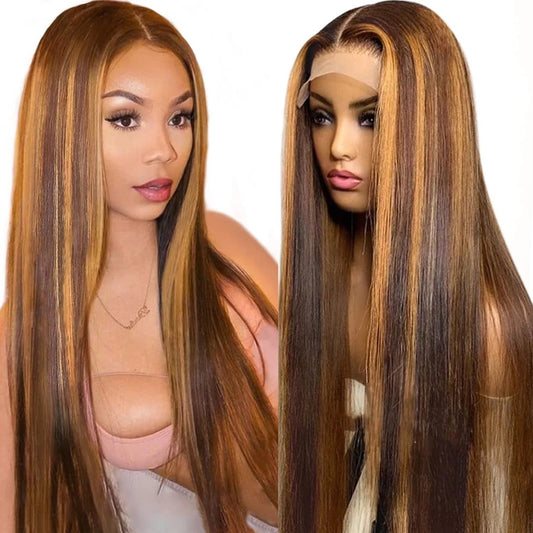 Highlight Ombre Straight Lace Front Wigs Human Hair for Women T Part 13X1 Glueless HD Transparent Lace Frontal Human Hair Wigs Pre Plucked 150 Density Colored P427 16Inch - 16" - Bella Bourget