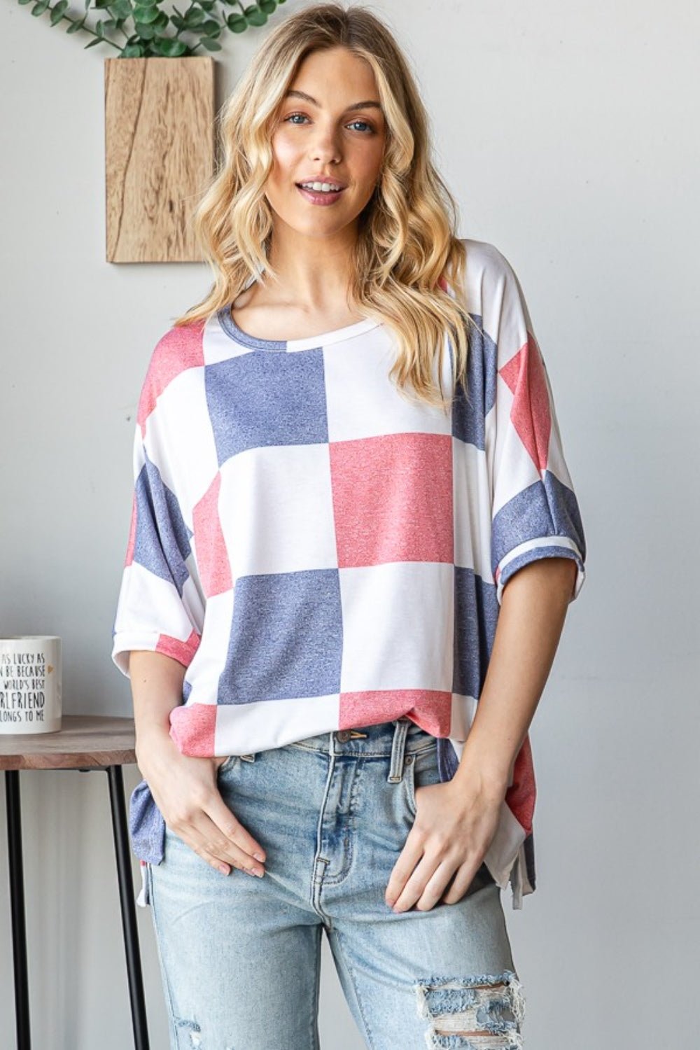 HOPELY Checkered Round Neck Half Sleeve T - Shirt - Top - Blue/Red/White - Bella Bourget