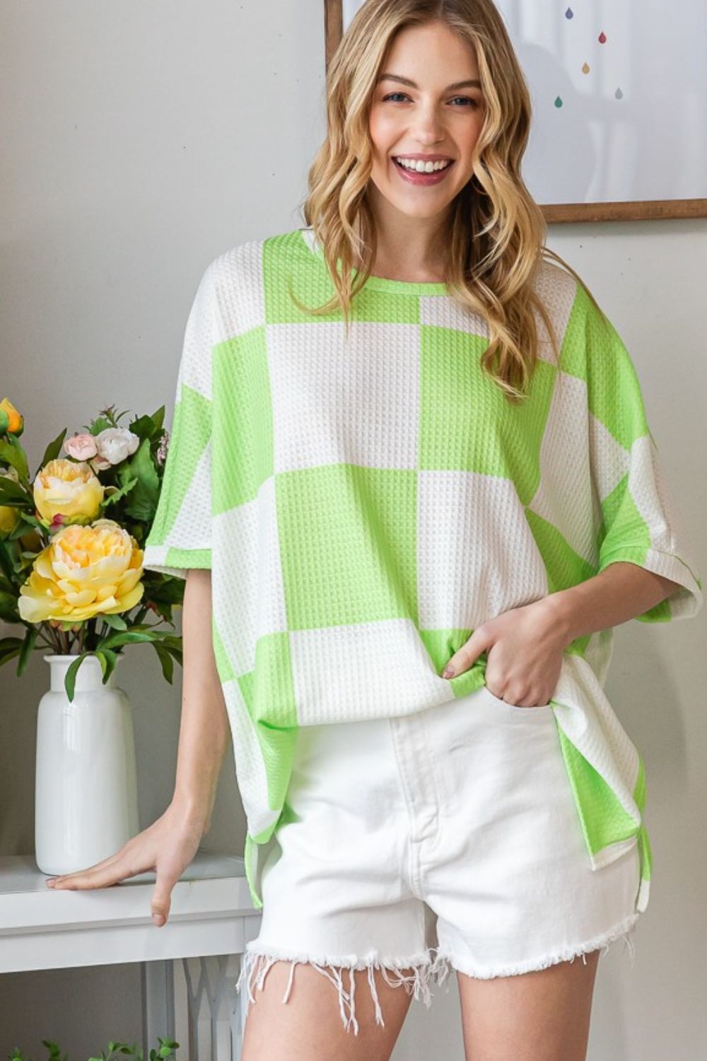 HOPELY Checkered Waffle Oversized T-Shirt - Top - Neon Green - Bella Bourget