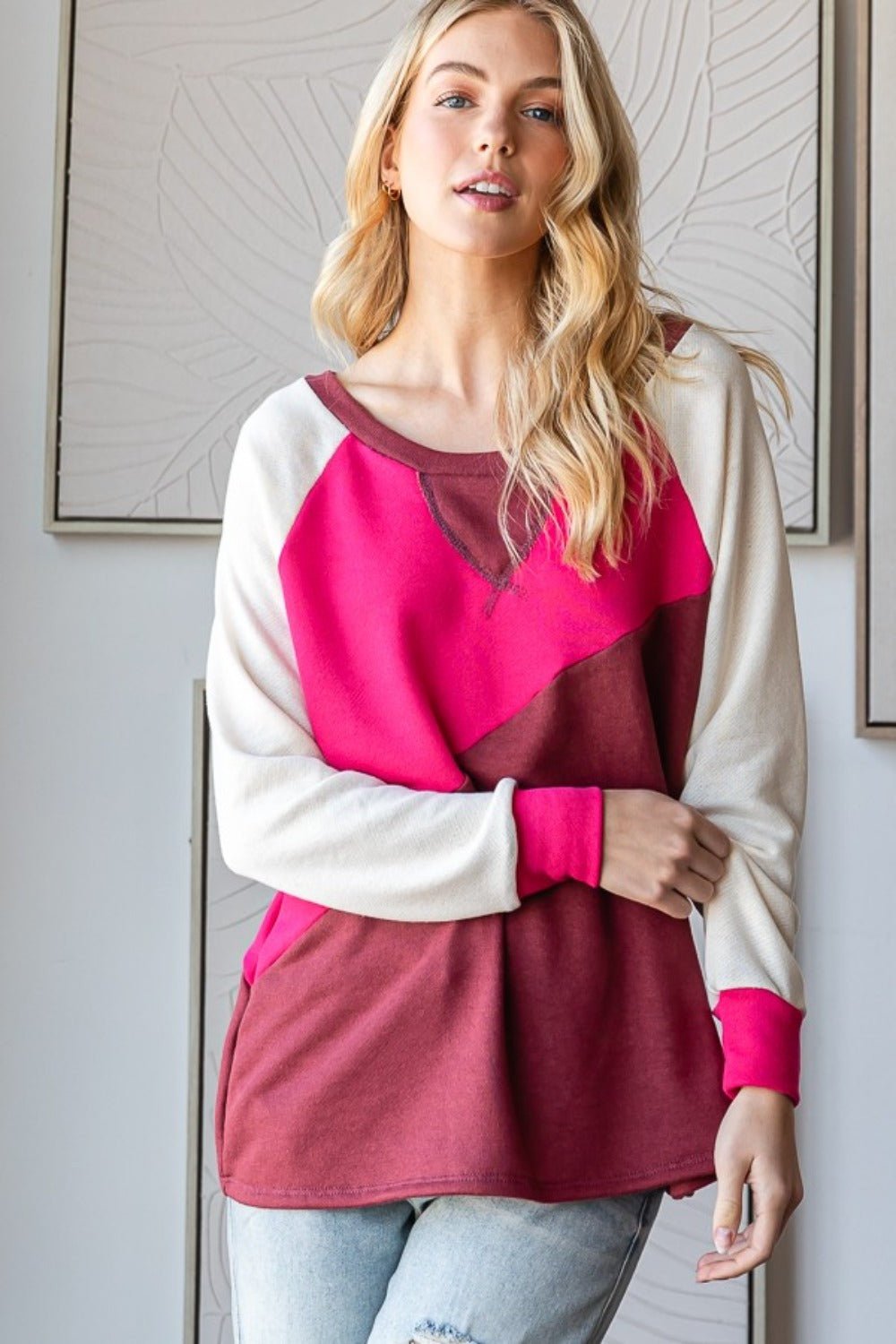 HOPELY Color Block Long Sleeve T-Shirt - Top - Hot Pink/Burgundy - Bella Bourget