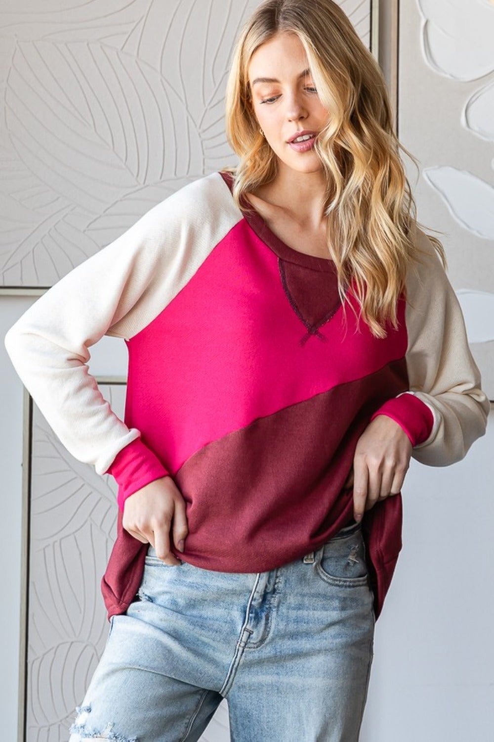 HOPELY Color Block Long Sleeve T-Shirt - Top - Hot Pink/Burgundy - Bella Bourget