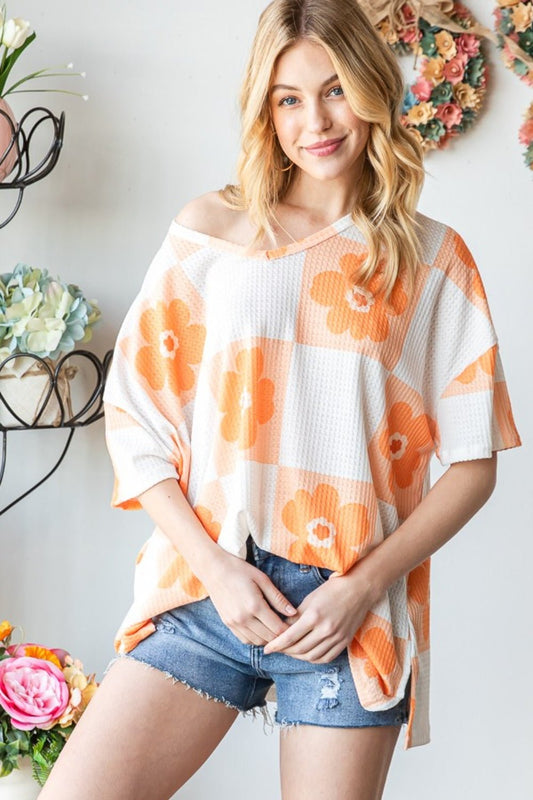 HOPELY Contrast Checkered Floral V - Neck T - Shirt - Top - Neon Orange - Bella Bourget