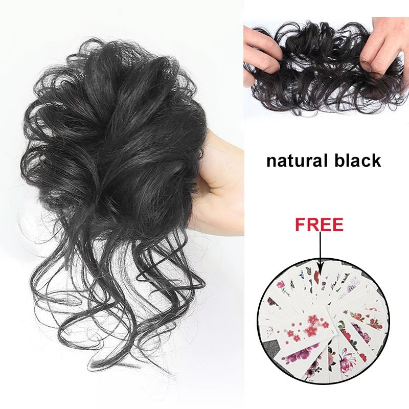 Human Hair Bundles Chignon Messy Curly Hair Bun Band Elastic Scrunchy False Hair Pieces Hairpins Black Wigs for Women Human Hair - 2 - Bella Bourget