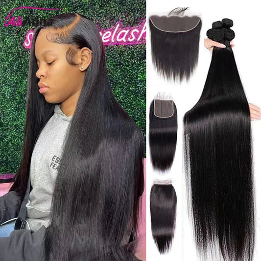 Human Hair Bundles with Frontal 30 Inch Bundles Peruvian Hair Extensions 4X4 5X5 6X6 Lace Closure Straight Human Hair Bundles - 32 34 36 With 24 - Bella Bourget