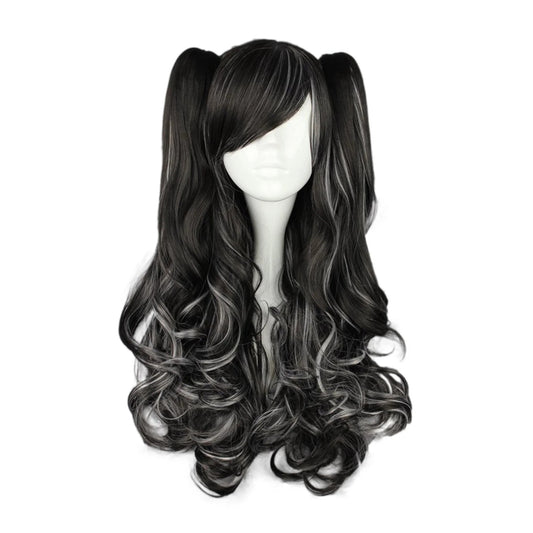 Human Hair Wigs for Women Curly Wig with Wig Cap 28" Black White - Bella Bourget