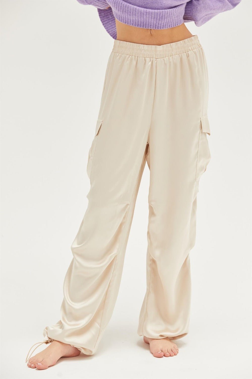 HYFVE Approach Satin Drawstring Hem Cargo Pants - Pants - Alpaca - Bella Bourget