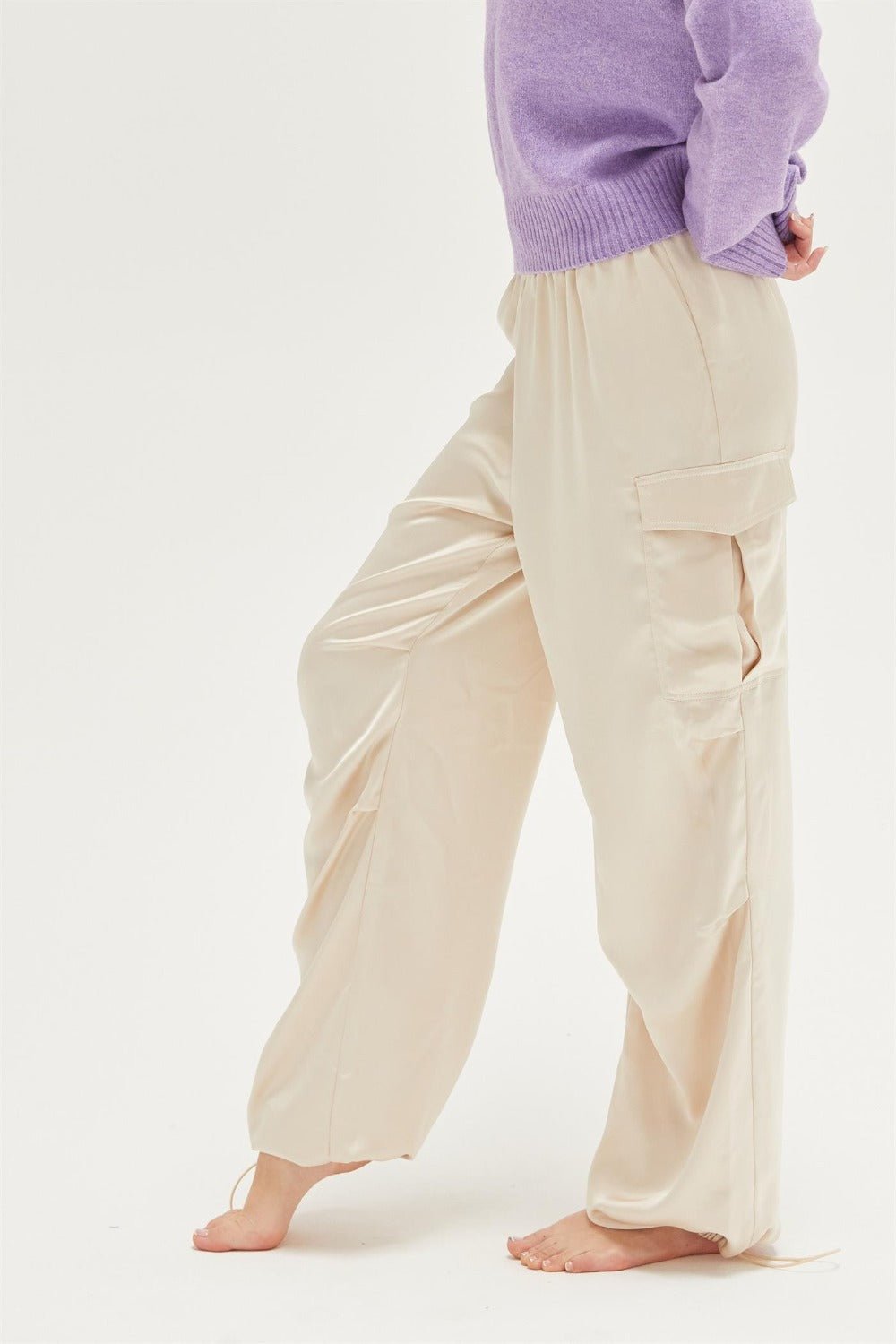 HYFVE Approach Satin Drawstring Hem Cargo Pants - Pants - Alpaca - Bella Bourget