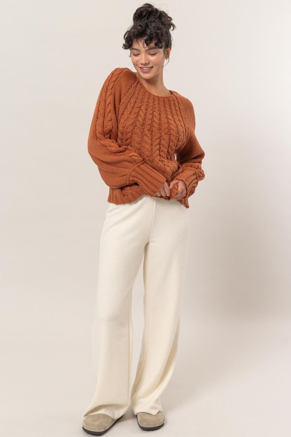 HYFVE Cable - Knit Round Neck Raglan Sleeve Sweater - Sweater - Rust - Bella Bourget