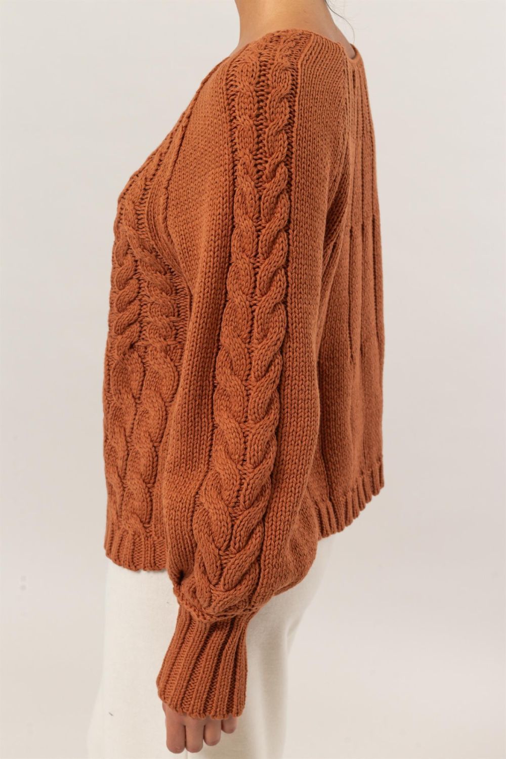 HYFVE Cable - Knit Round Neck Raglan Sleeve Sweater - Sweater - Rust - Bella Bourget