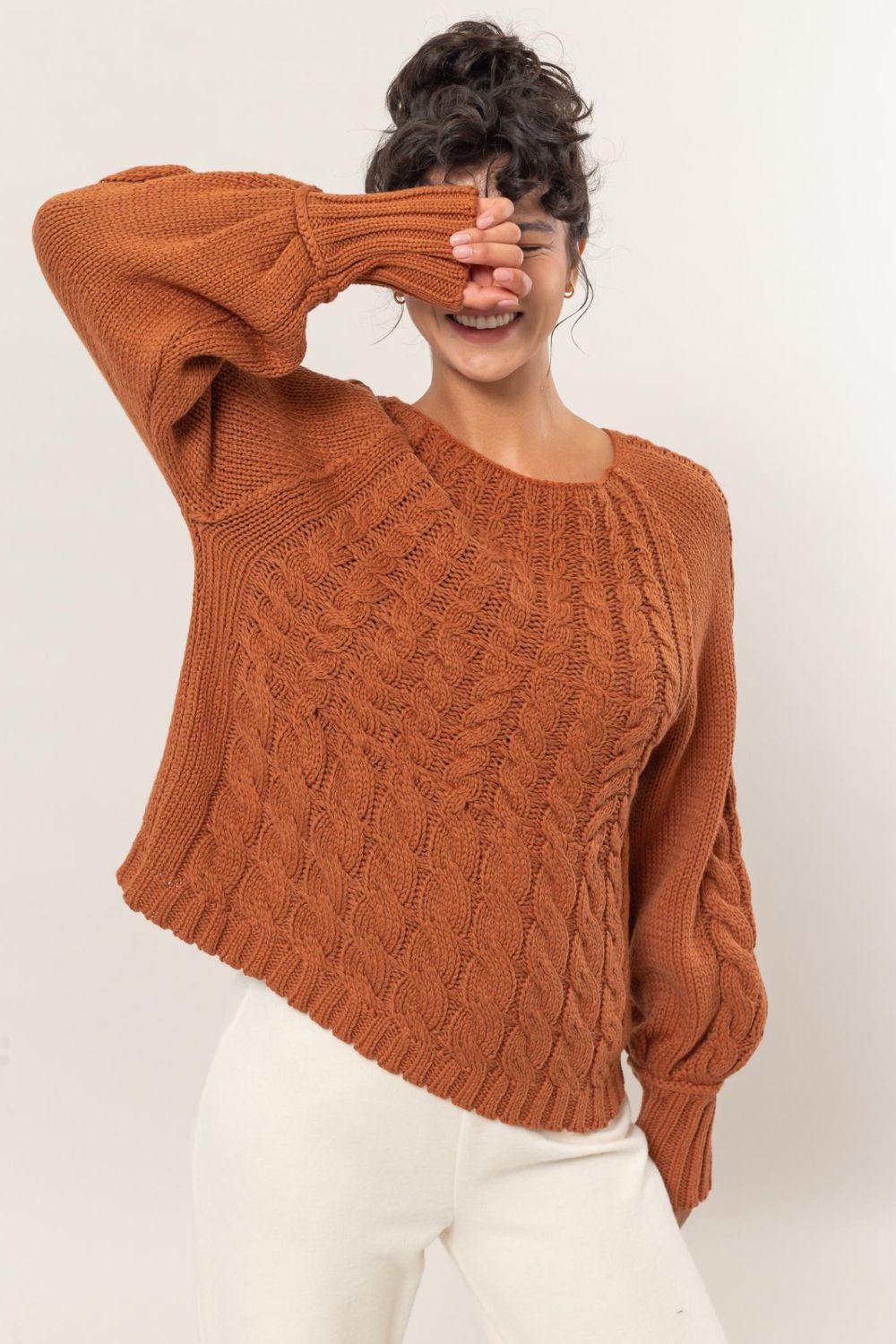 HYFVE Cable - Knit Round Neck Raglan Sleeve Sweater - Sweater - Rust - Bella Bourget