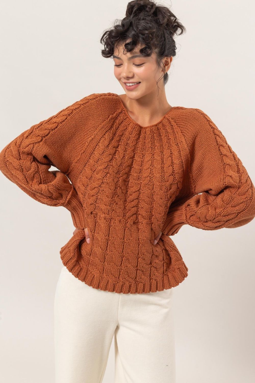 HYFVE Cable - Knit Round Neck Raglan Sleeve Sweater - Sweater - Rust - Bella Bourget