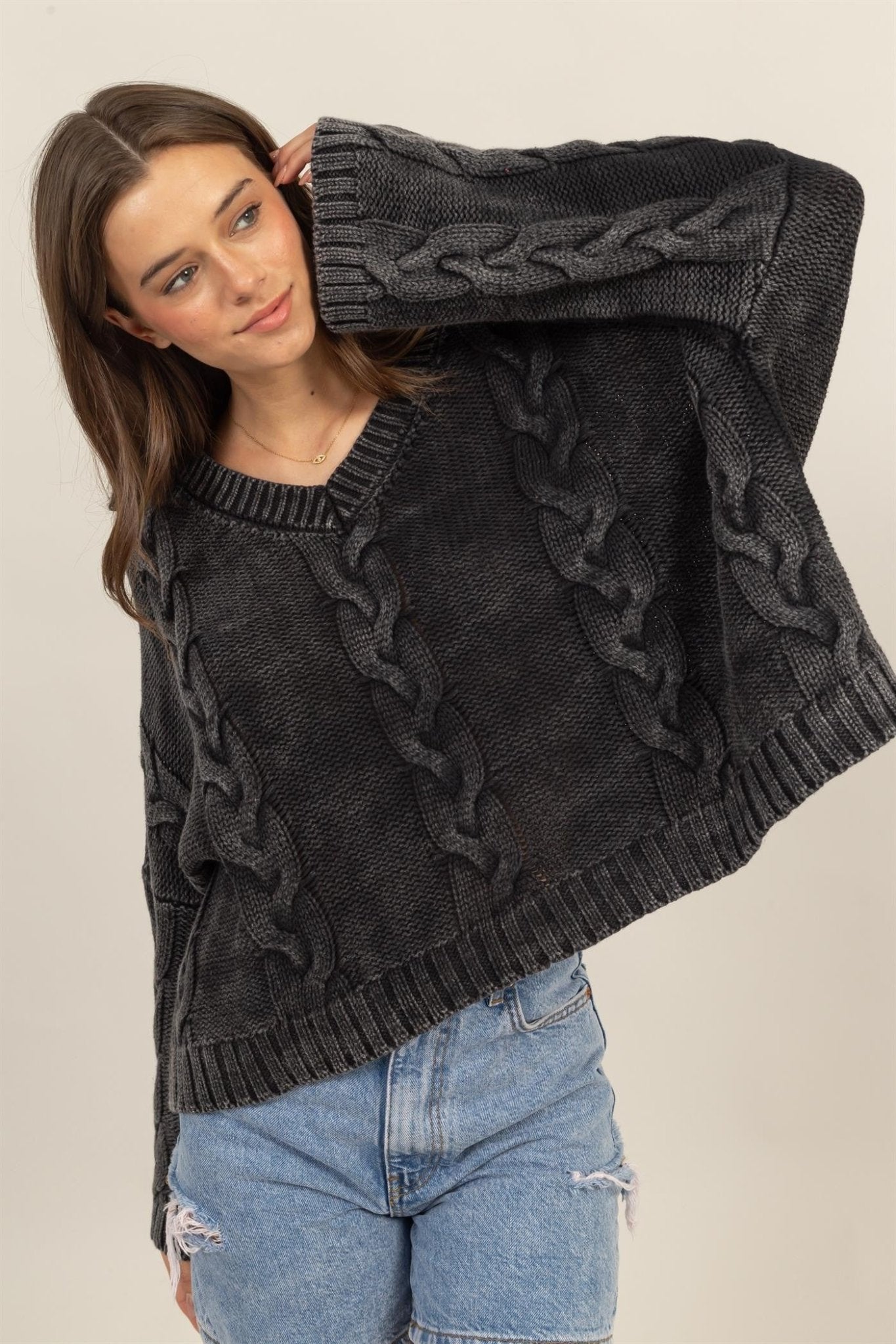 HYFVE Cable Knit V - Neck Dropped Shoulder Oversized Sweater - Sweater - Charcoal - Bella Bourget