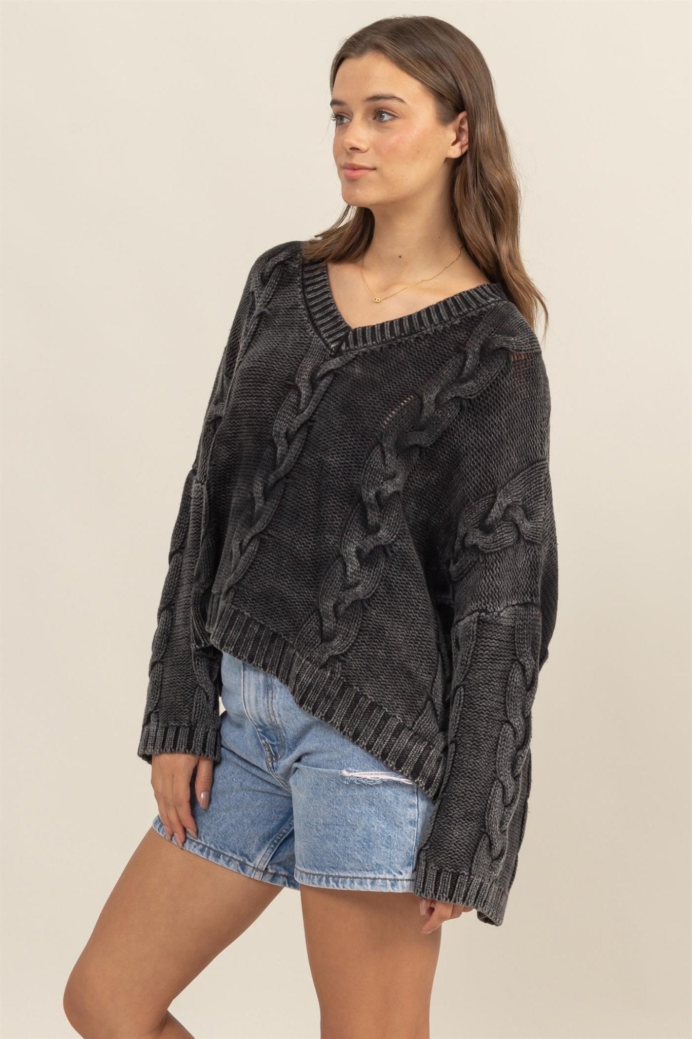 HYFVE Cable Knit V - Neck Dropped Shoulder Oversized Sweater - Sweater - Charcoal - Bella Bourget