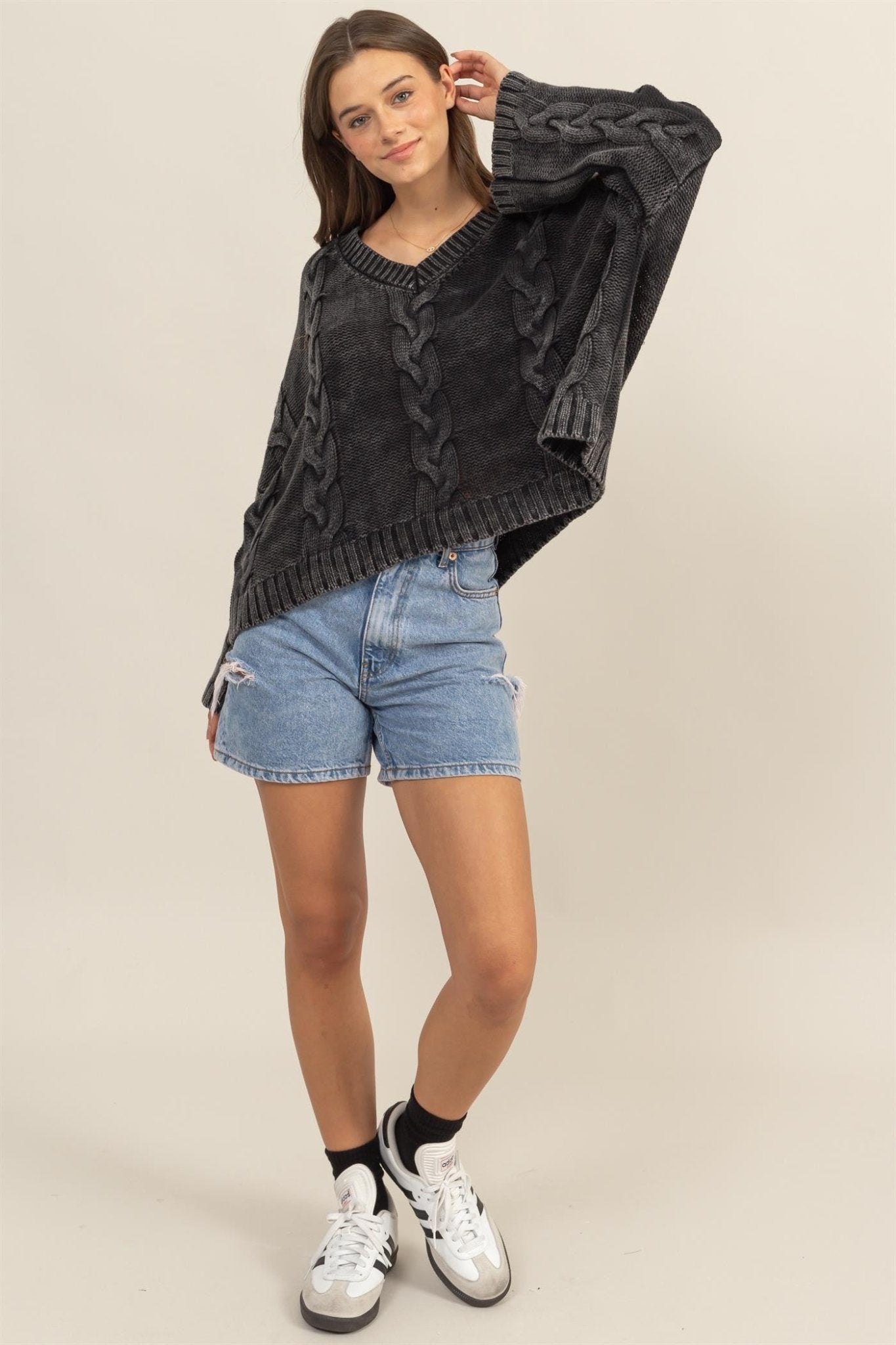 HYFVE Cable Knit V - Neck Dropped Shoulder Oversized Sweater - Sweater - Charcoal - Bella Bourget