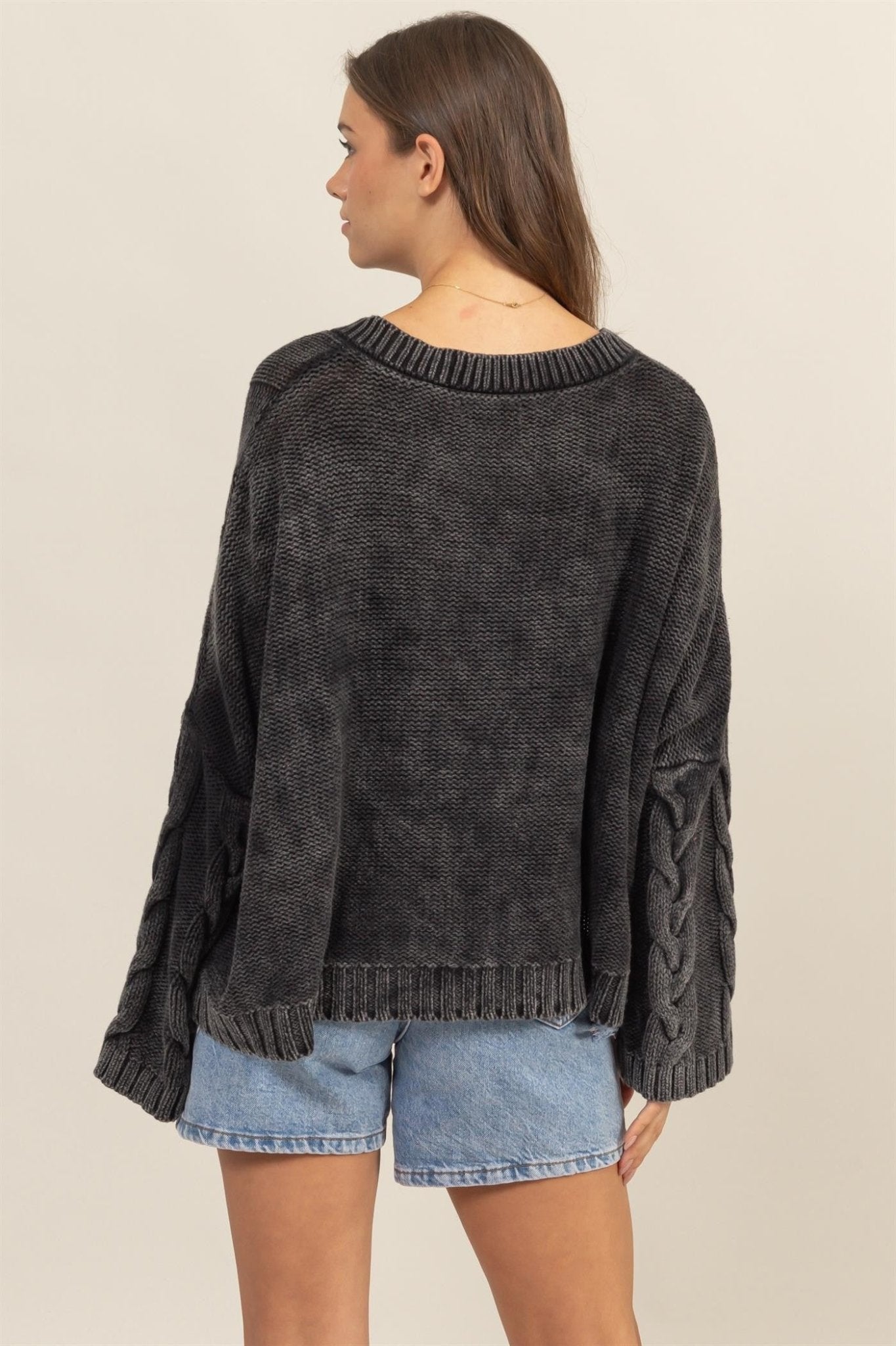 HYFVE Cable Knit V - Neck Dropped Shoulder Oversized Sweater - Sweater - Charcoal - Bella Bourget