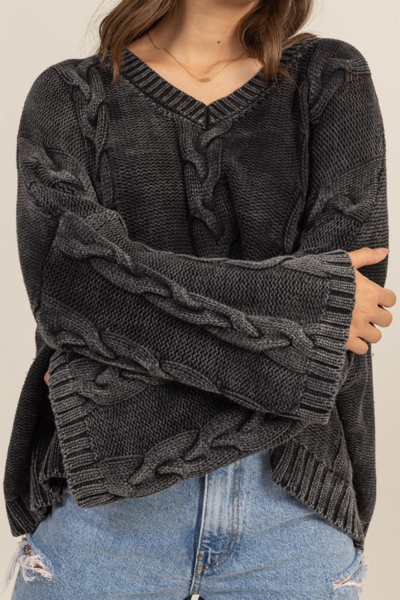 HYFVE Cable Knit V - Neck Dropped Shoulder Oversized Sweater - Sweater - Charcoal - Bella Bourget