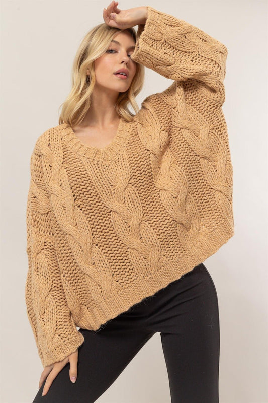 HYFVE Cable Knit V - Neck Sweater - Sweater - Taupe - Bella Bourget