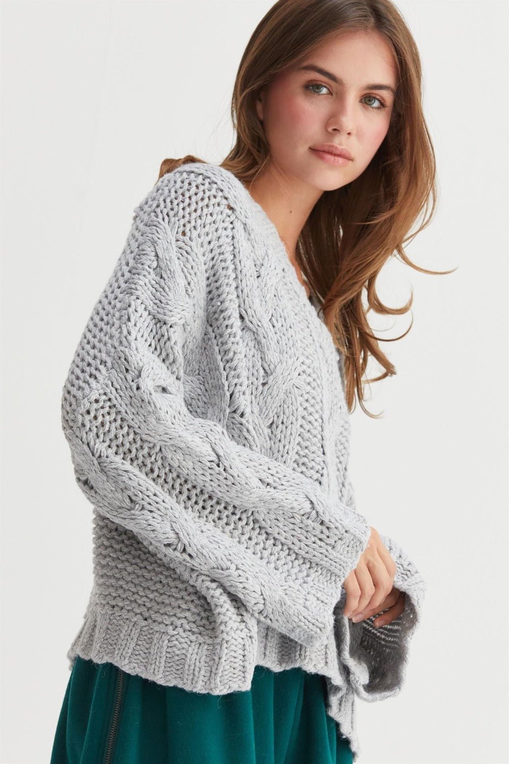 HYFVE Cable Knit V - Neck Sweater - Sweater - Gray - Bella Bourget