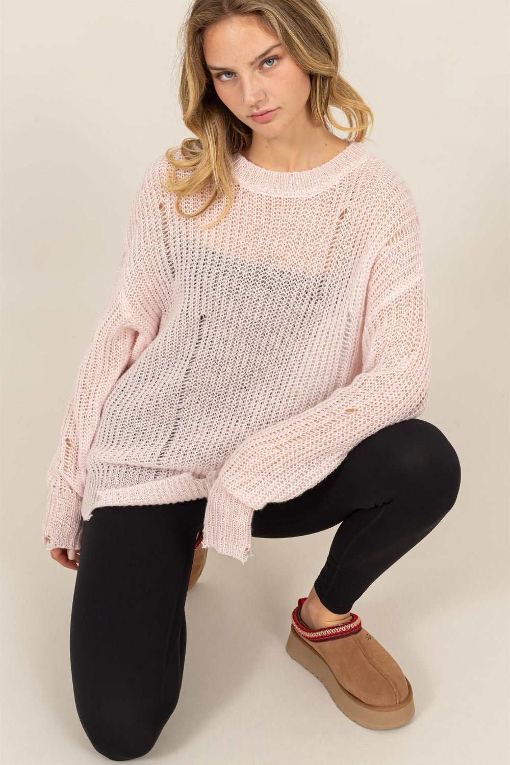 HYFVE Distressed Long Sleeve Knit Top - Sweater - Pale Pink - Bella Bourget