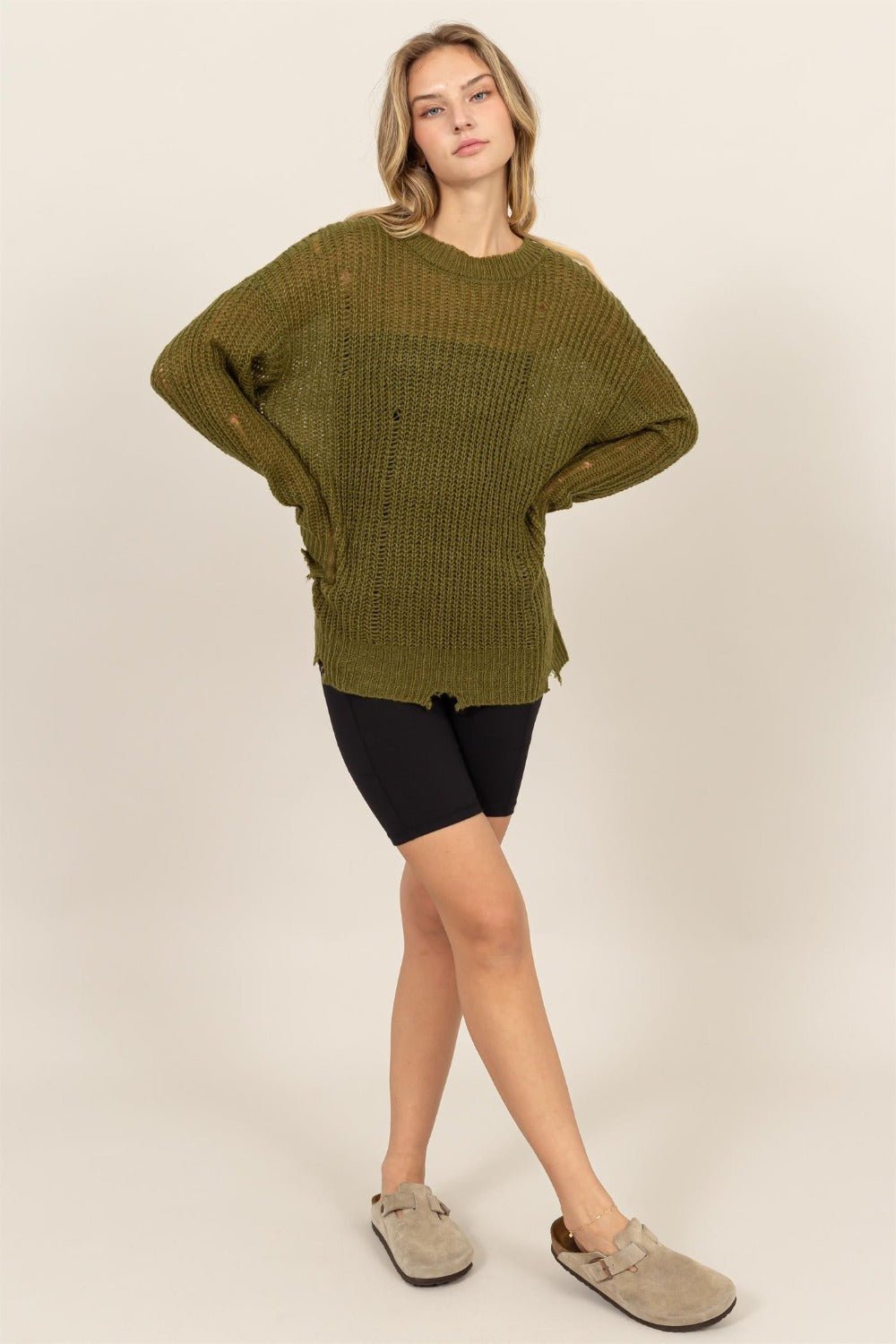 HYFVE Distressed Long Sleeve Knit Top - Sweater - Moss - Bella Bourget