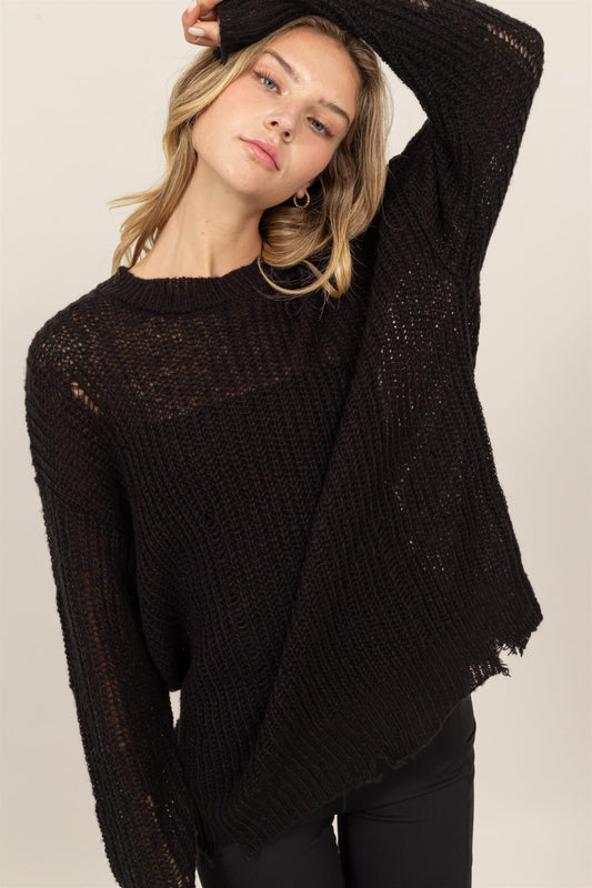 HYFVE Distressed Long Sleeve Knit Top - Top - Black - Bella Bourget