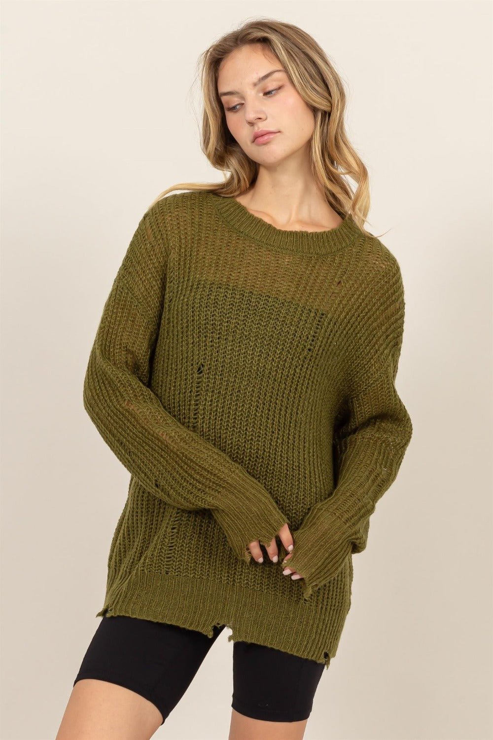 HYFVE Distressed Long Sleeve Knit Top - Sweater - Moss - Bella Bourget