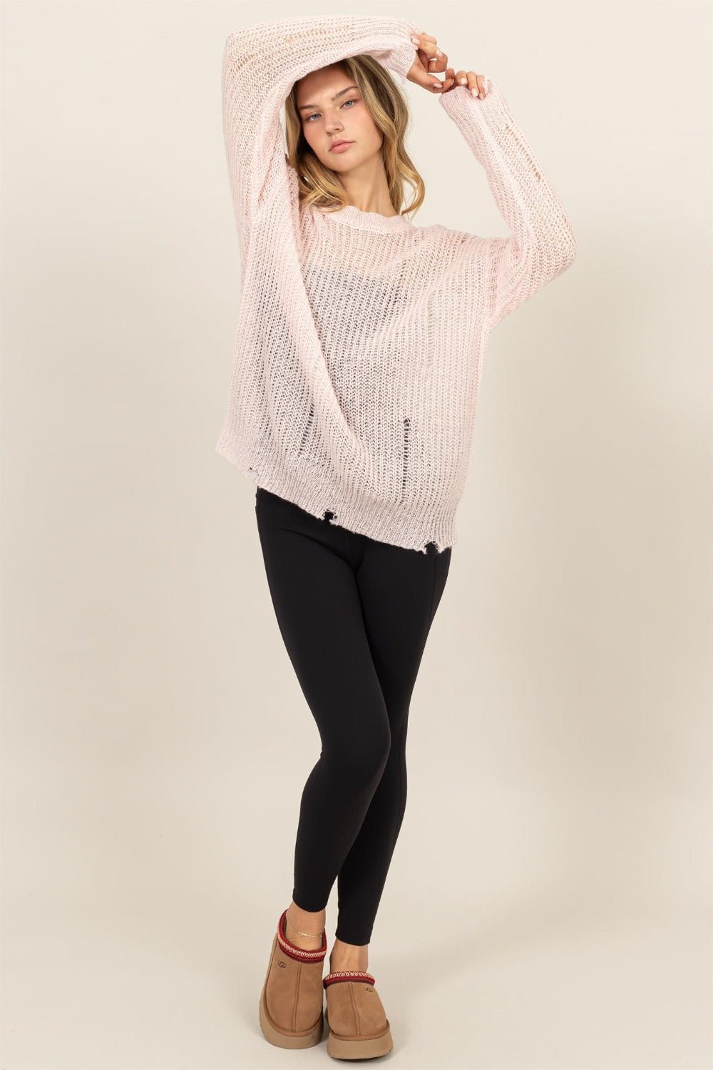 HYFVE Distressed Long Sleeve Knit Top - Sweater - Pale Pink - Bella Bourget