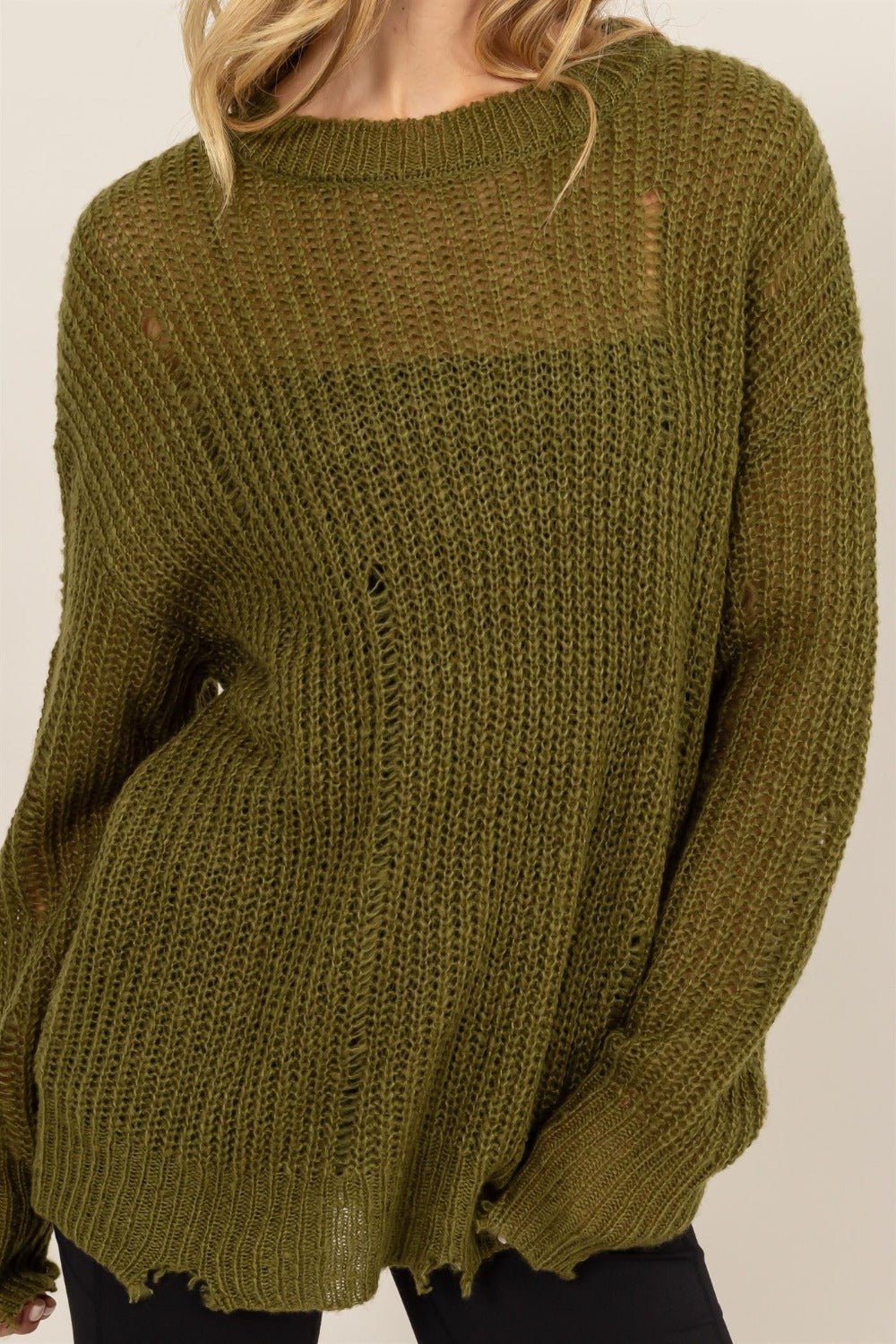 HYFVE Distressed Long Sleeve Knit Top - Sweater - Moss - Bella Bourget