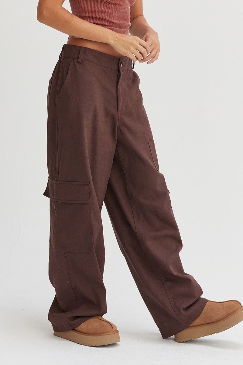 HYFVE Elastic Waist Wide - Leg Cargo Pants - Pants - Dark Brown - Bella Bourget