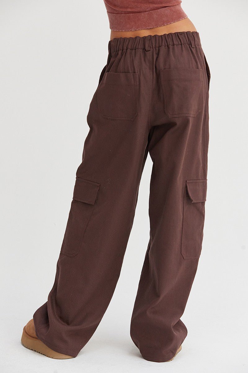 HYFVE Elastic Waist Wide - Leg Cargo Pants - Pants - Dark Brown - Bella Bourget