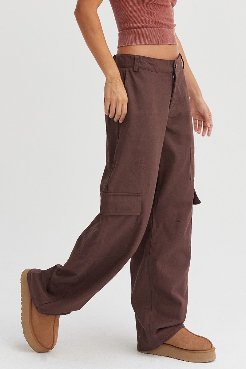 HYFVE Elastic Waist Wide - Leg Cargo Pants - Pants - Dark Brown - Bella Bourget