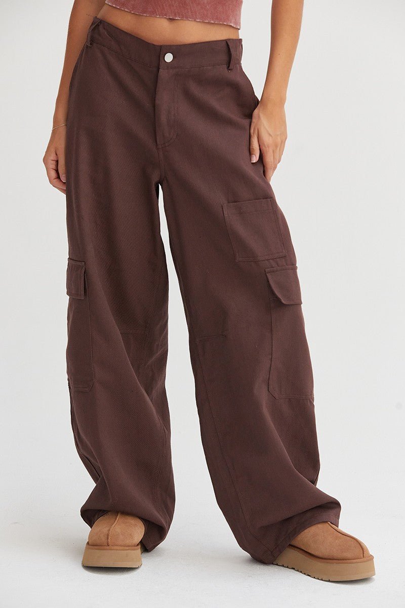 HYFVE Elastic Waist Wide - Leg Cargo Pants - Pants - Dark Brown - Bella Bourget