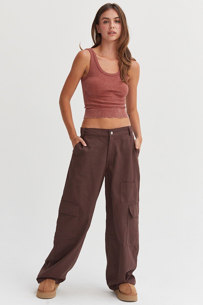 HYFVE Elastic Waist Wide - Leg Cargo Pants - Pants - Dark Brown - Bella Bourget