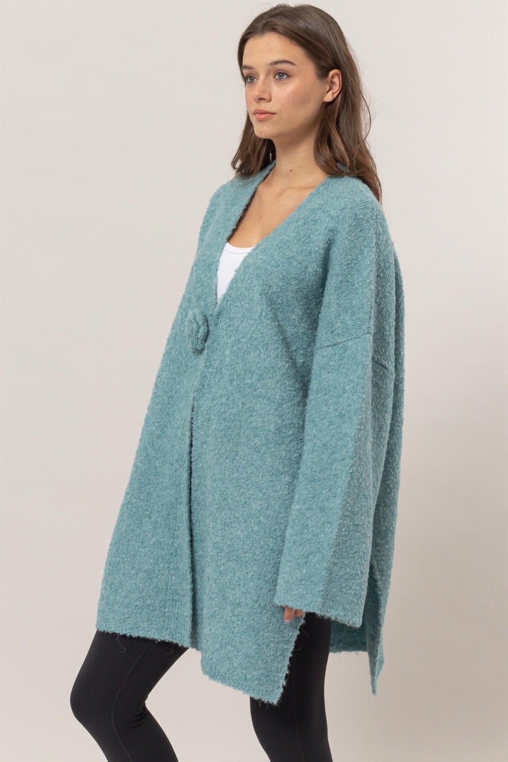 HYFVE Front Rosette Longline Slit Sweater Cardigan - Cardigan - Ocean Blue - Bella Bourget