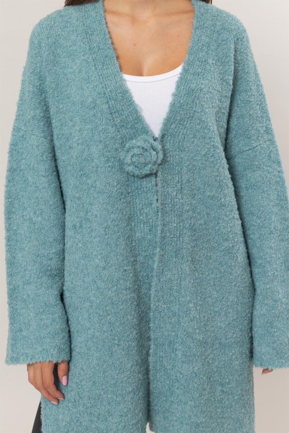 HYFVE Front Rosette Longline Slit Sweater Cardigan - Cardigan - Ocean Blue - Bella Bourget