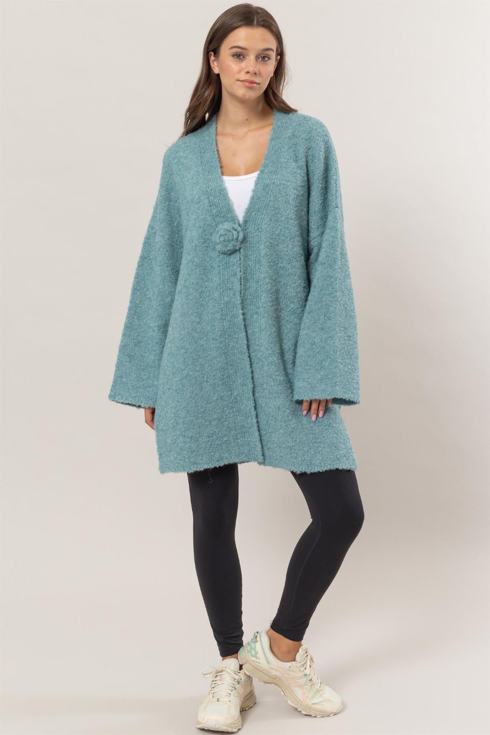 HYFVE Front Rosette Longline Slit Sweater Cardigan - Cardigan - Ocean Blue - Bella Bourget