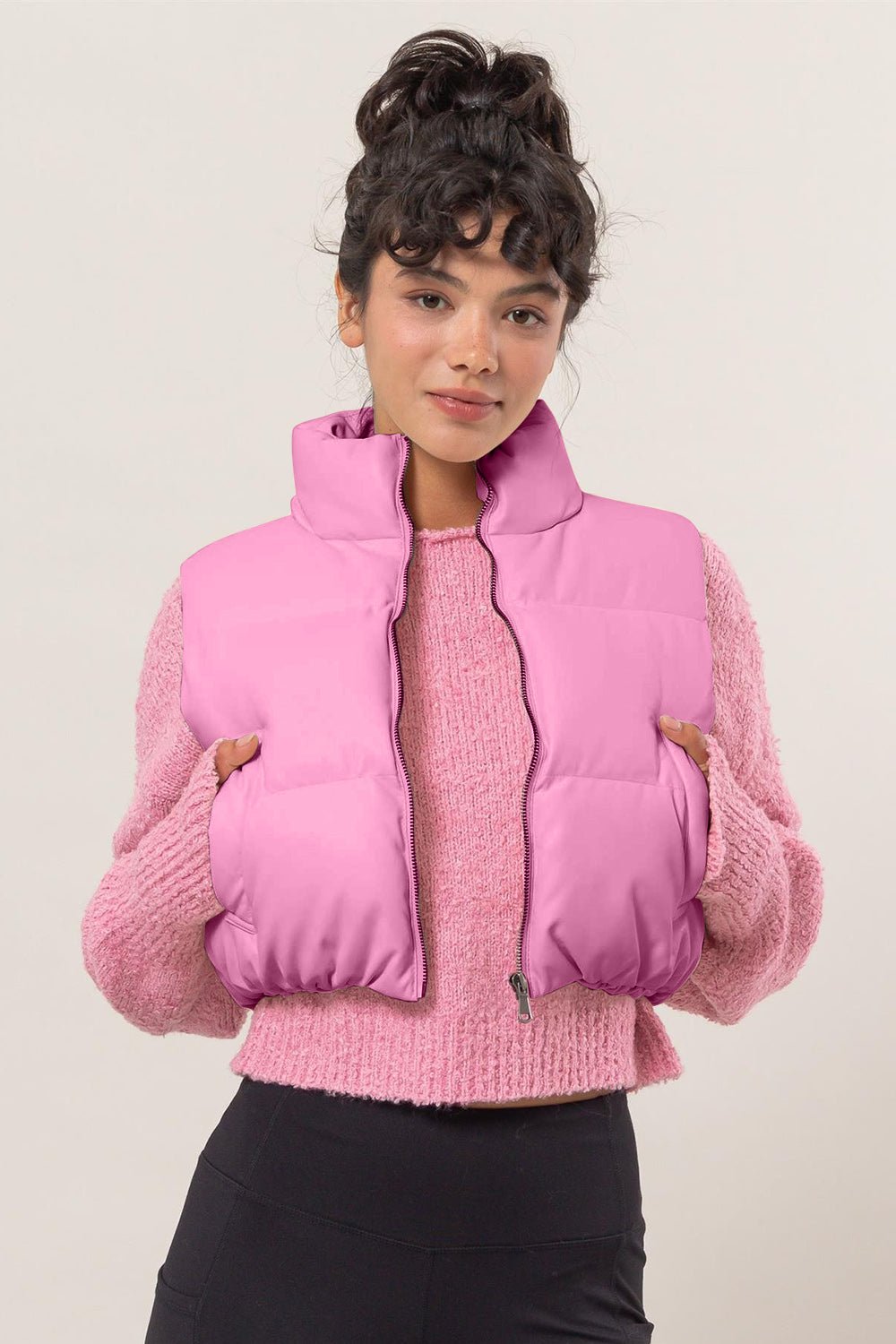 HYFVE Leather Zip Up Cropped Puffer Vest - Vest - Rose Pink - Bella Bourget