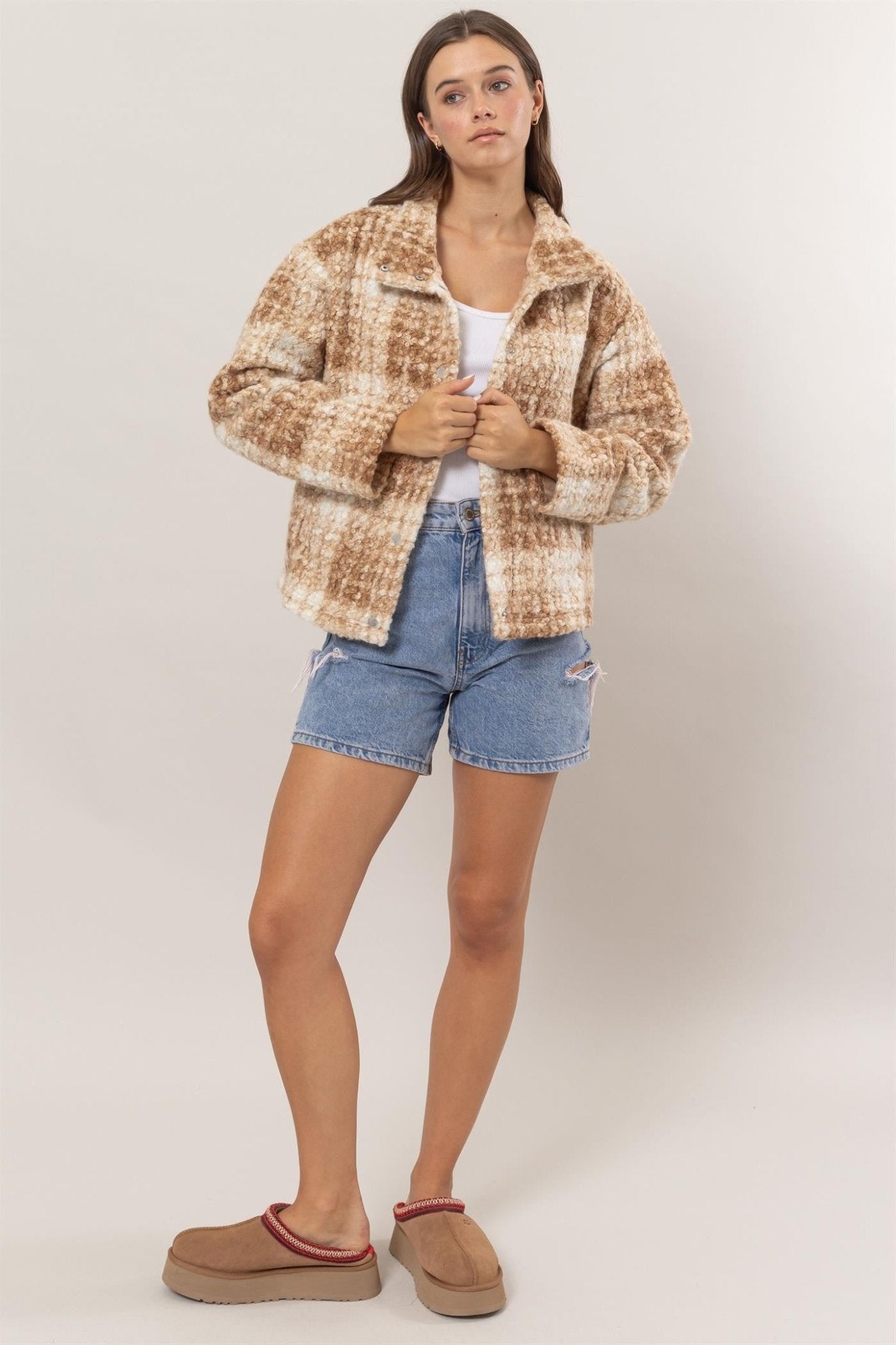 HYFVE Plaid Collared Neck Boucle Jacket with Pockets - Jacket - Taupe - Bella Bourget