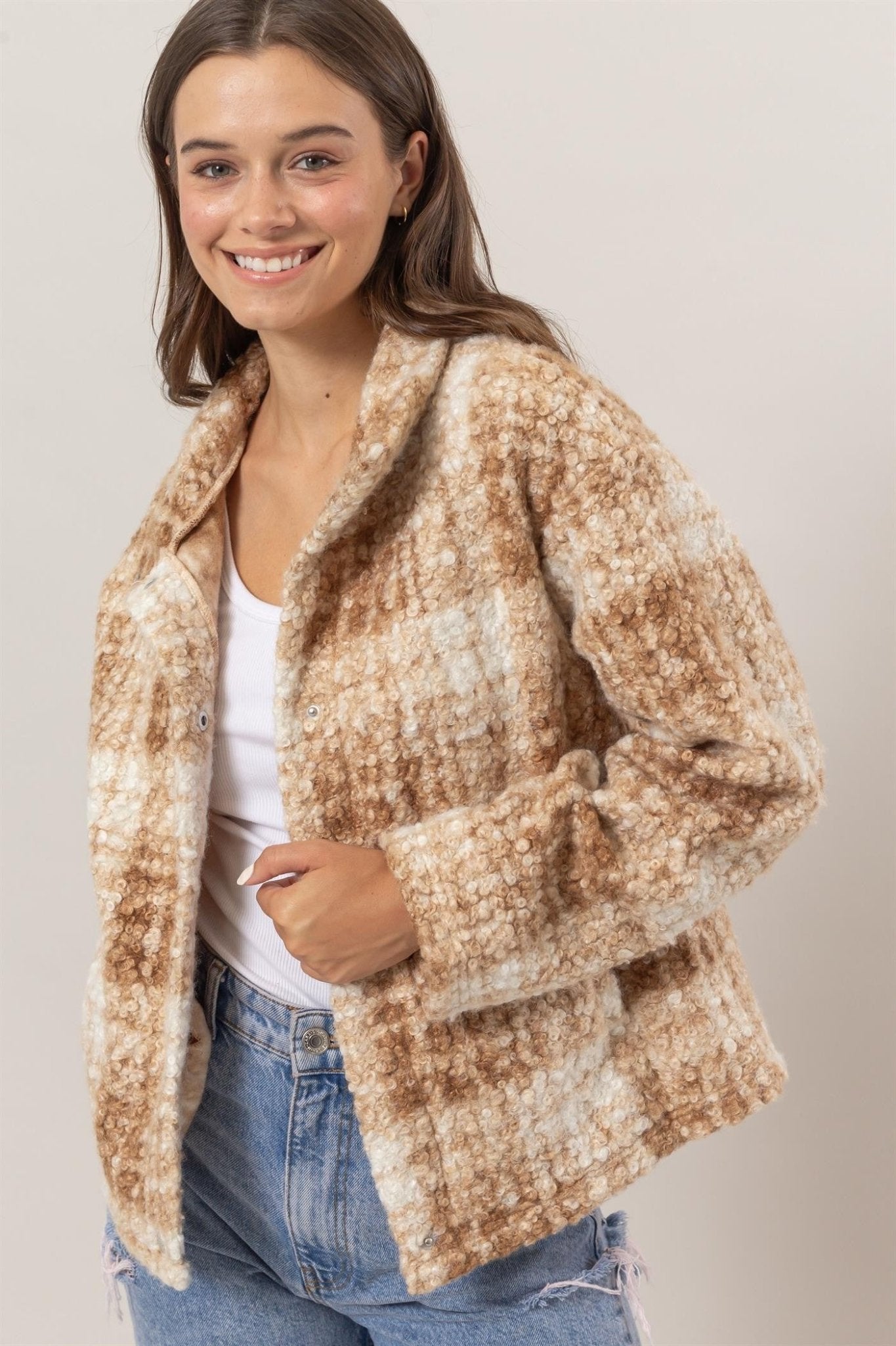 HYFVE Plaid Collared Neck Boucle Jacket with Pockets - Jacket - Taupe - Bella Bourget