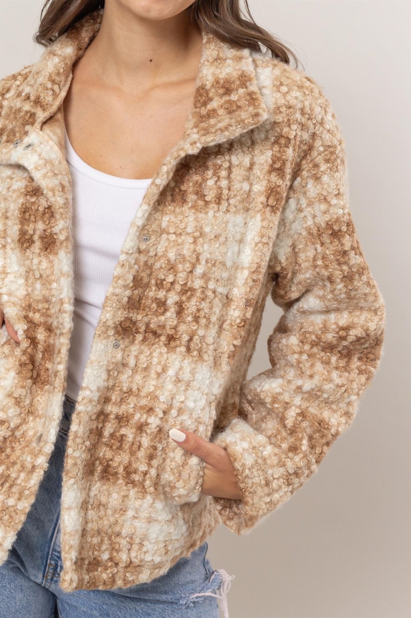 HYFVE Plaid Collared Neck Boucle Jacket with Pockets - Jacket - Taupe - Bella Bourget