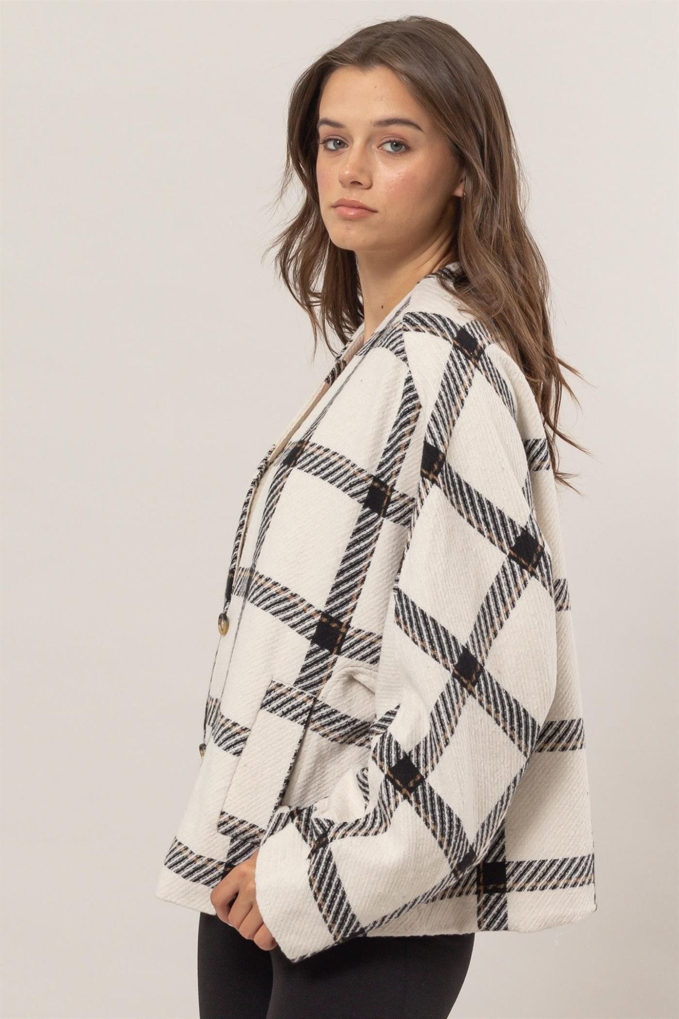 HYFVE Plaid Long Sleeve Jacket with Side Slit Pockets - Jacket - Cream - Bella Bourget