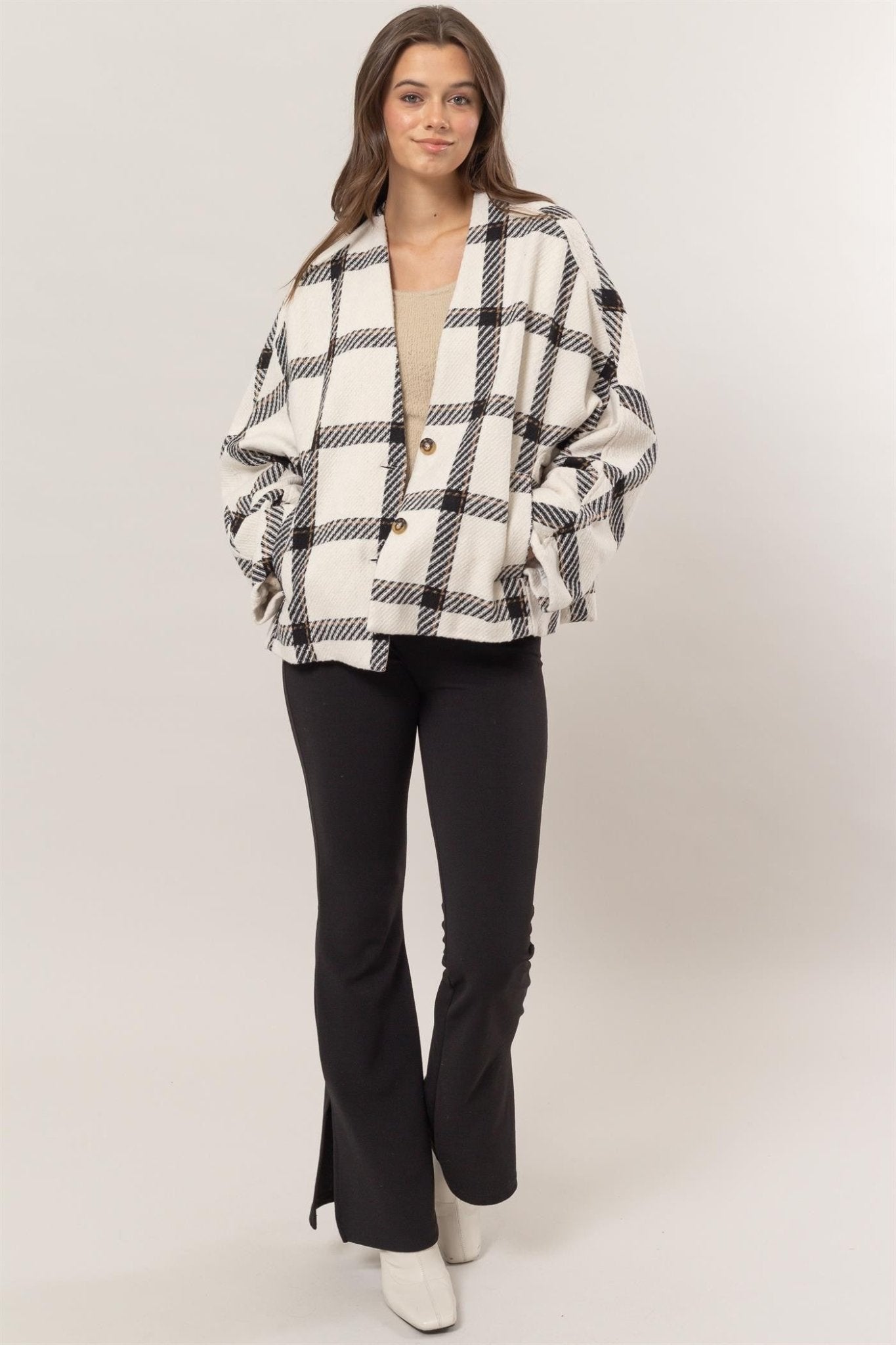 HYFVE Plaid Long Sleeve Jacket with Side Slit Pockets - Jacket - Cream - Bella Bourget