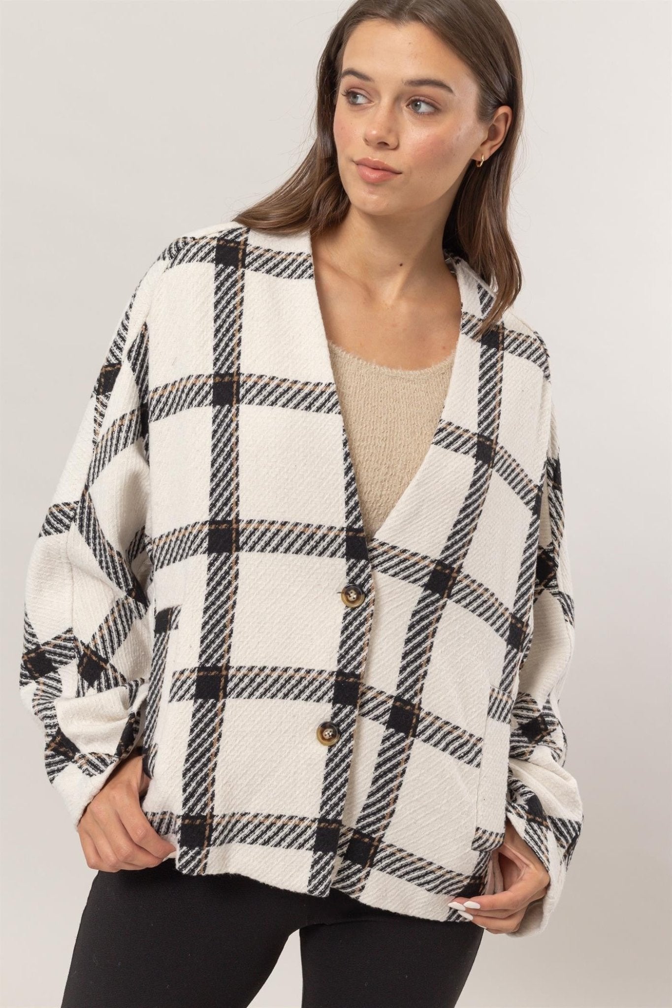 HYFVE Plaid Long Sleeve Jacket with Side Slit Pockets - Jacket - Cream - Bella Bourget